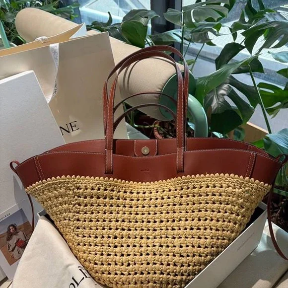 Polene Paris Crochet Straw Tote Bag Browm Leather Trim - Picture 9 of 10